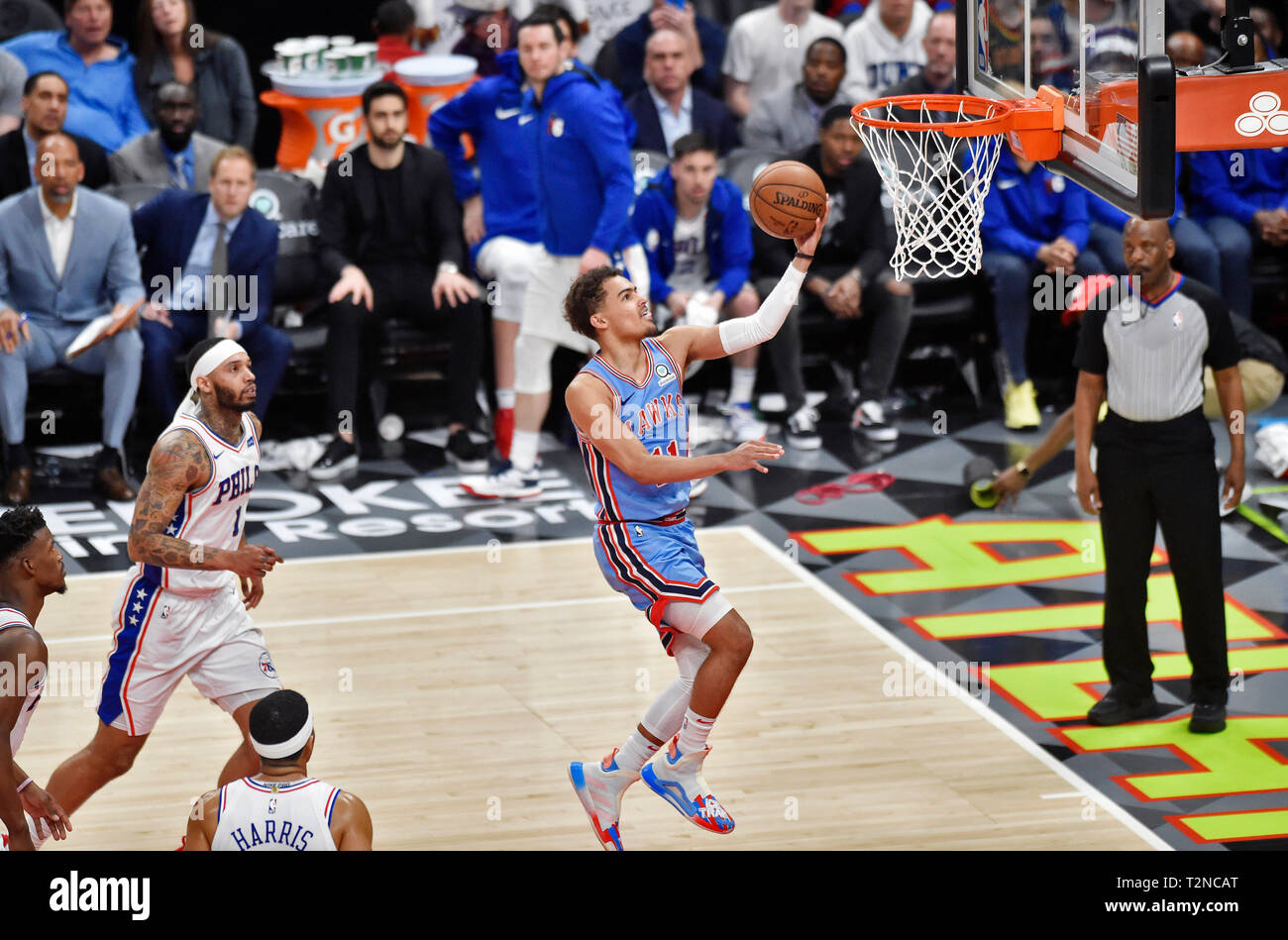 Atlanta, GA, USA. 3rd Apr, 2019. Atlanta Hawks guard Trae Young (right