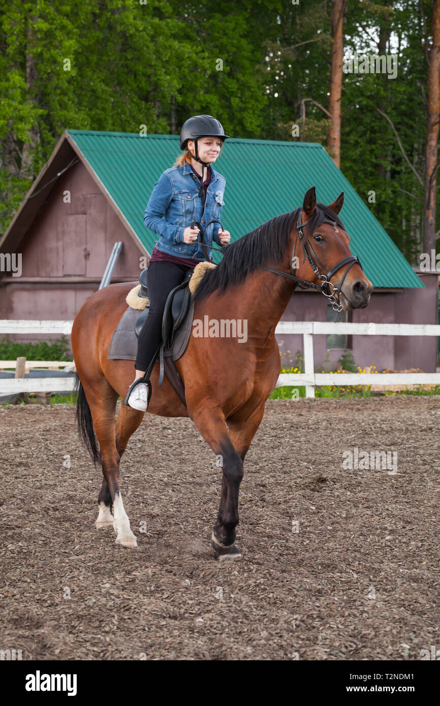 Horse riding lessons for beginners, teenage girl and brown horse on
