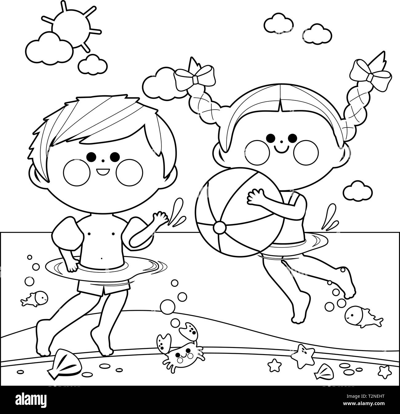 Children swimming in the sea. Black and white coloring book page