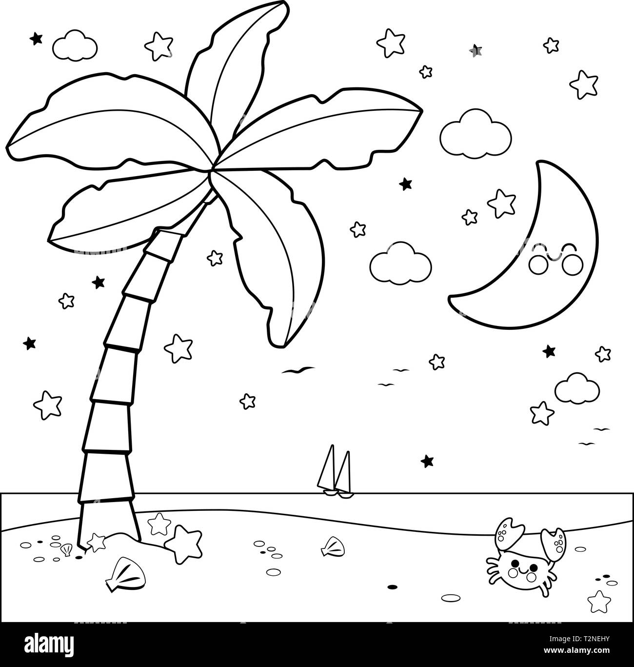 Tropical beach with palm tree and starry night sky. Vector black and white illustration Stock Vector