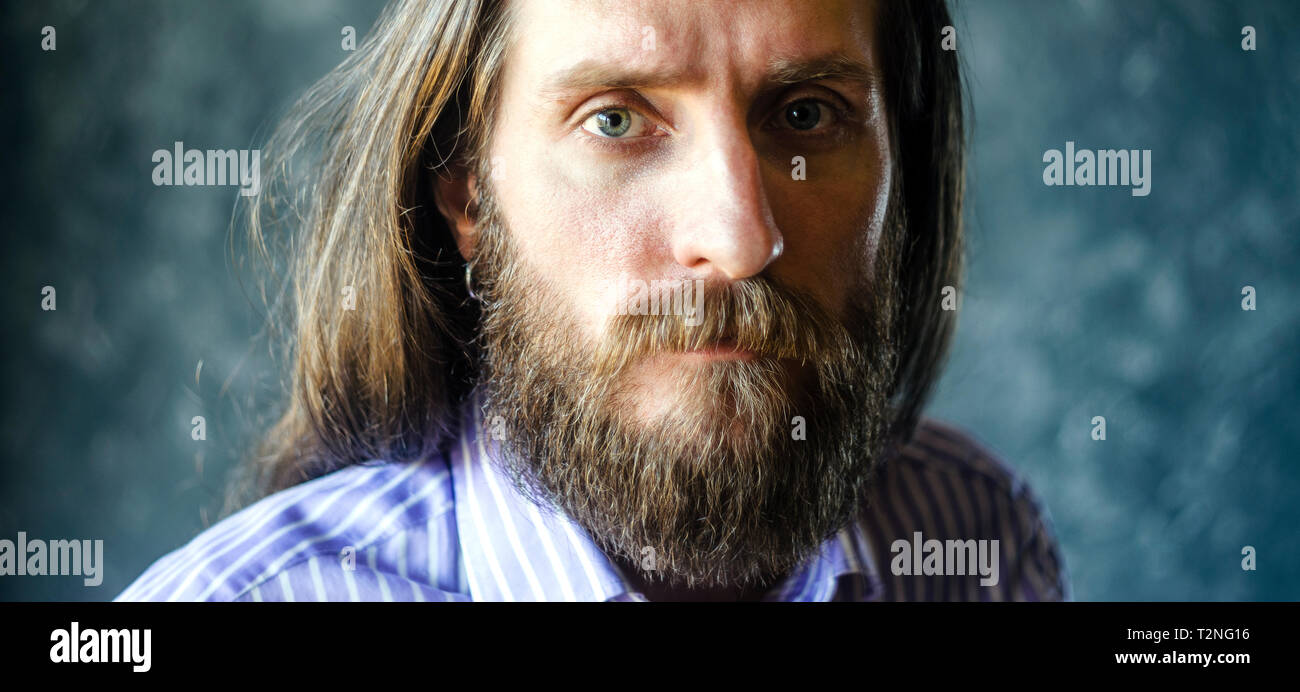 Fashion Portrait of a Bearded Man in Striped Formal Shirt with Long ...