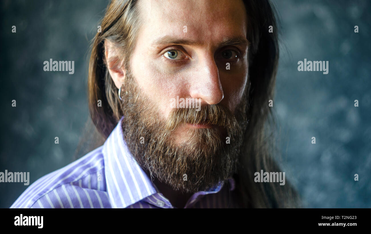Fashion Portrait of a Bearded Man in Striped Formal Shirt with Long ...