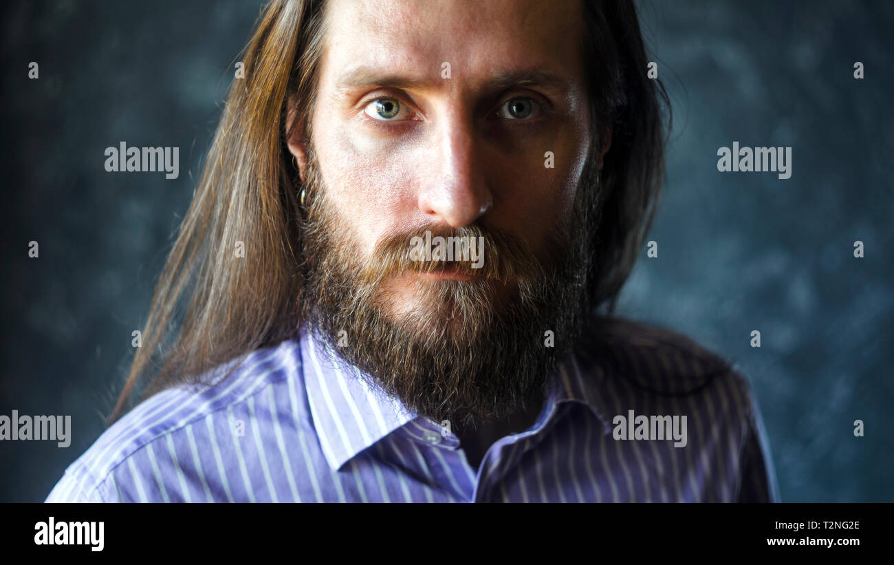 Fashion Portrait of a Bearded Man in Striped Formal Shirt with Long ...