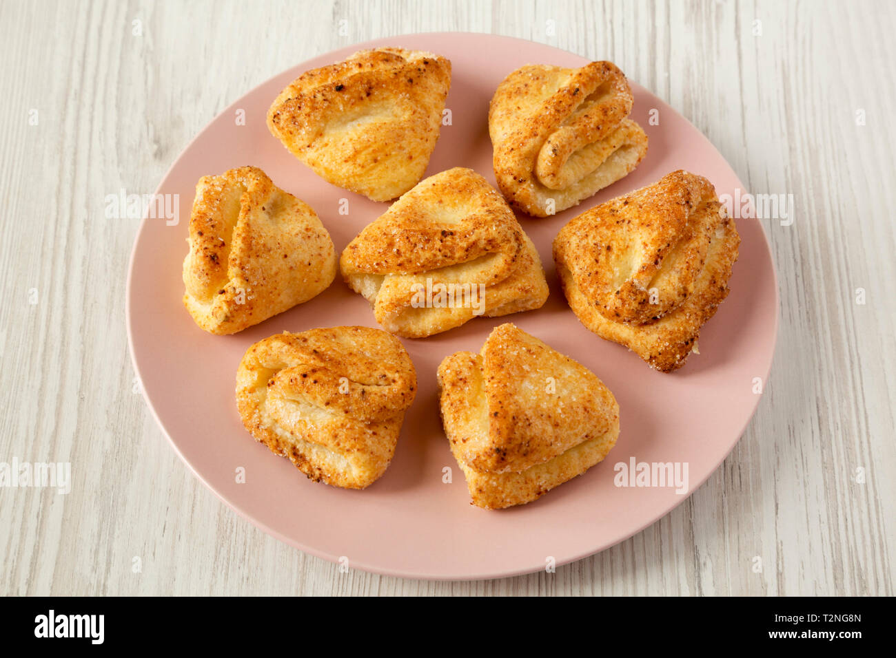 Homemade Cottage Cheese Biscuits On Pink Plate Over White Wooden