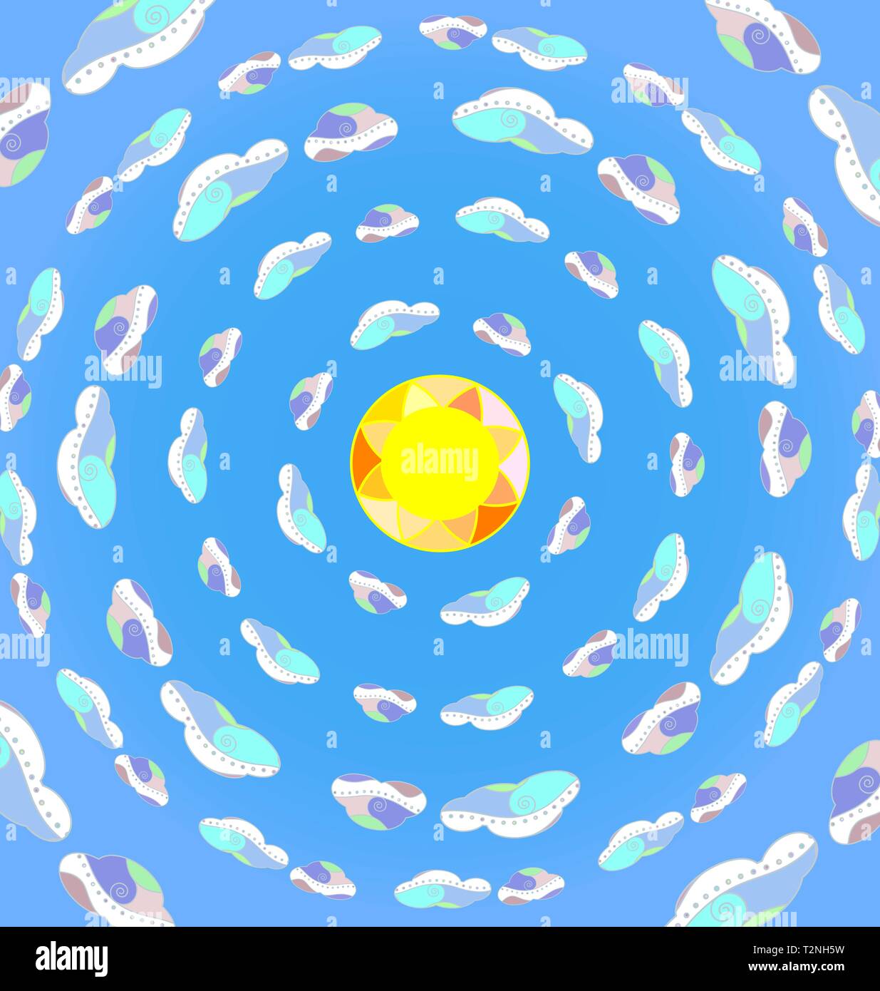 abstract colored vector illustration image of the sun and clouds in circles consisting of lines Stock Vector