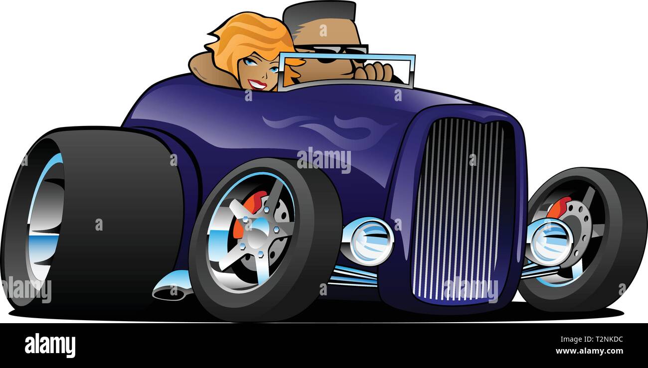 Highboy hot rod deep purple roadster with male driver and cute woman passenger isolated vector illustration Stock Vector