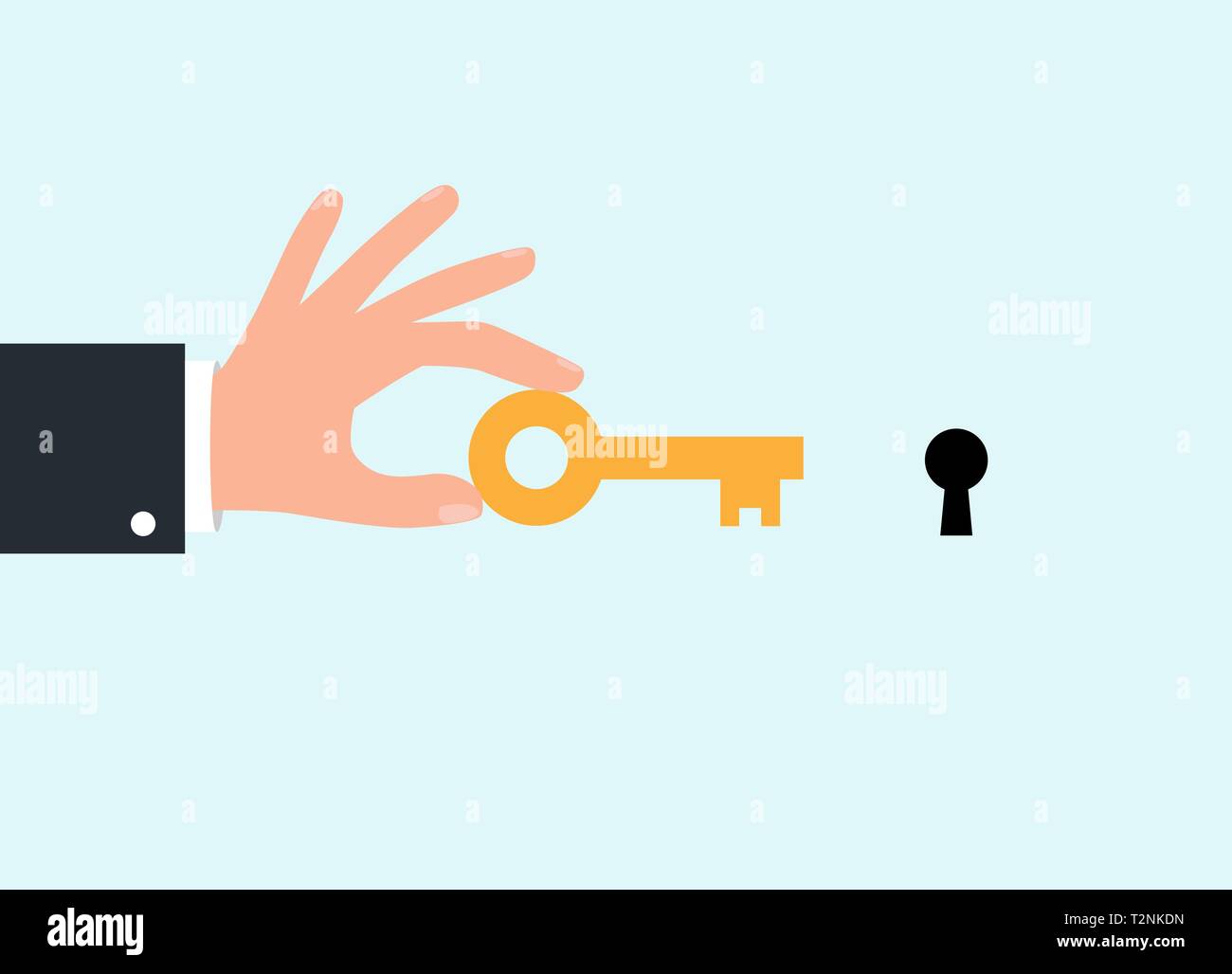 Hand in black suit holding golden key with keyhole. Open door lock. Vector illustration flat design. Unlock opening. Real estate template for sales, r Stock Vector