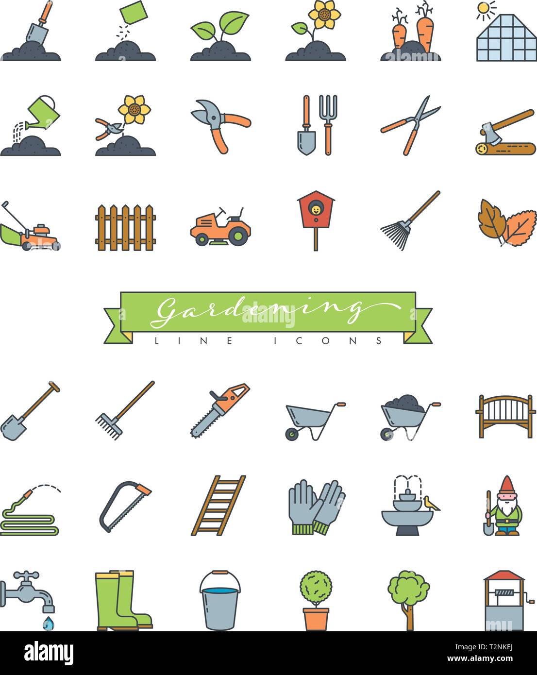 Collection of gardening decoration, equipment and plants color filled line icons vector illustration Stock Vector