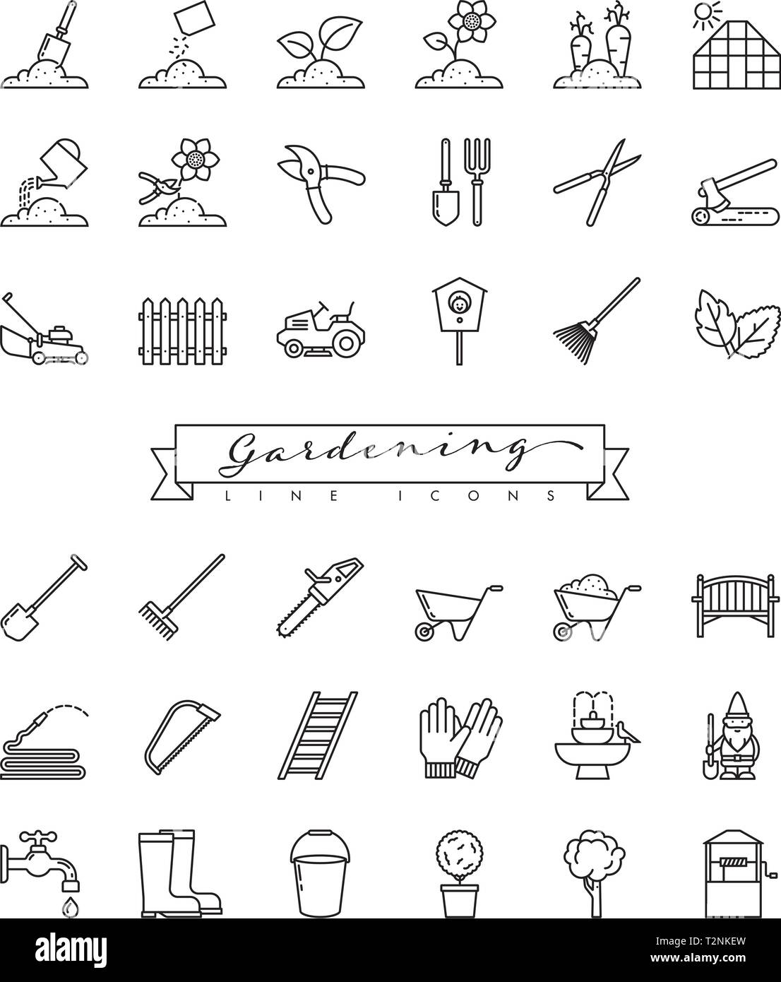 Collection of gardening decoration, equipment and plants line icons ...