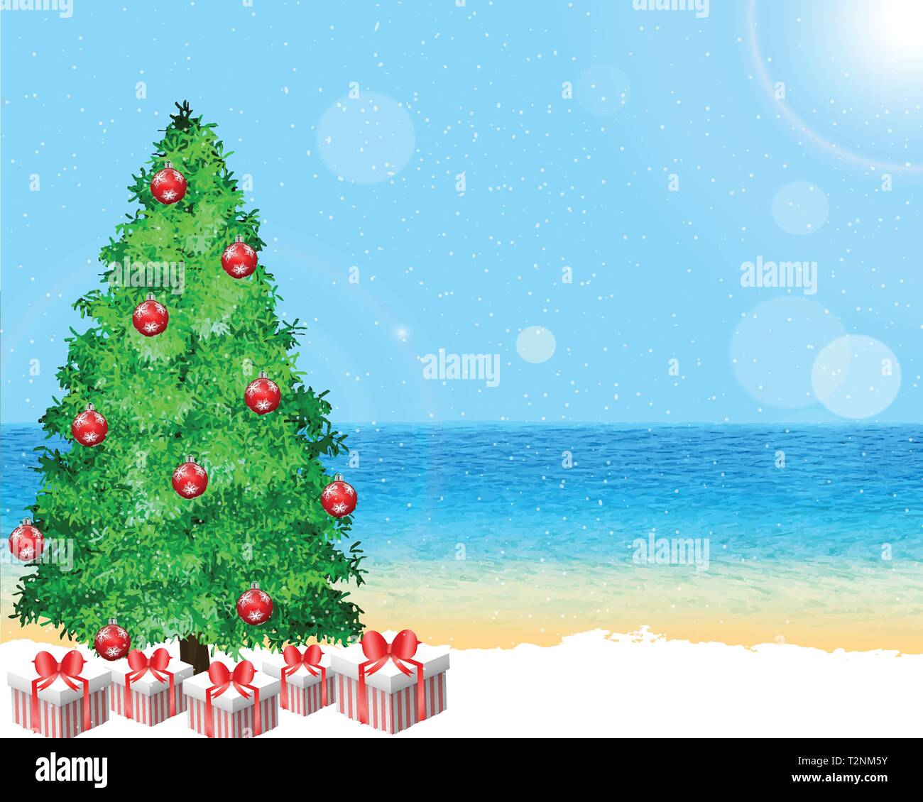 Christmas on the coast. Sunny beach in festive mood with decorated pine tree on the snow. Gift packs under the fir in snowfall. Vector illustration, e Stock Vector