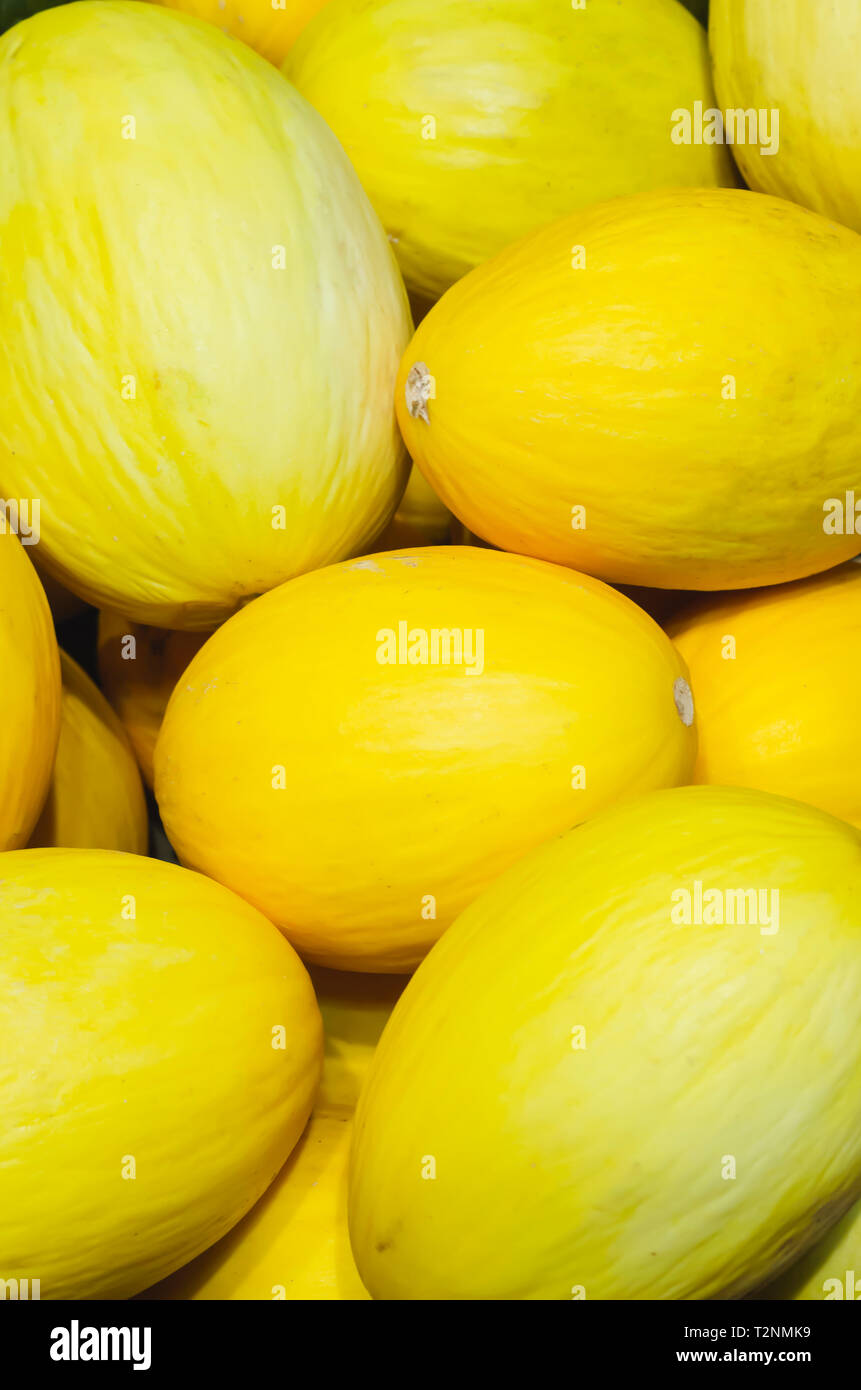 yellow melons stacked for retail sale in a market Stock Photo