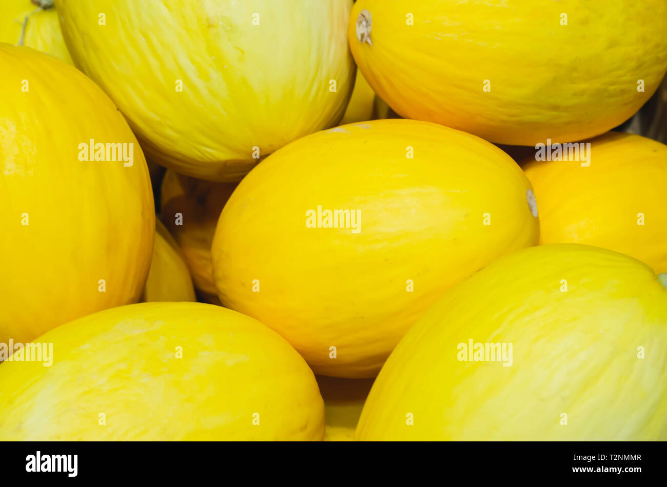 yellow melons stacked for retail sale in a market Stock Photo