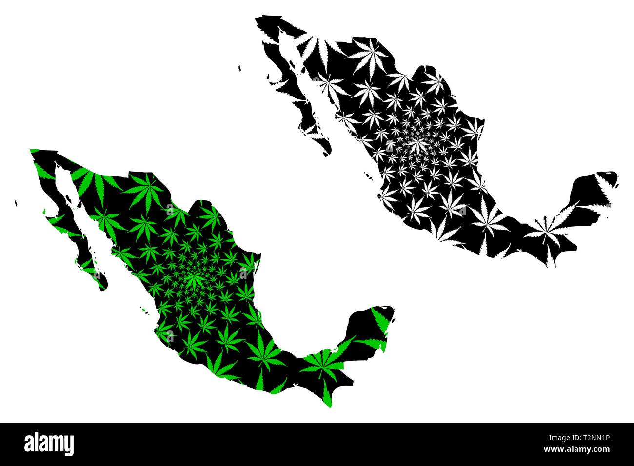 Mexico - map is designed cannabis leaf green and black, United Mexican States map made of marijuana (marihuana,THC) foliage, Stock Vector