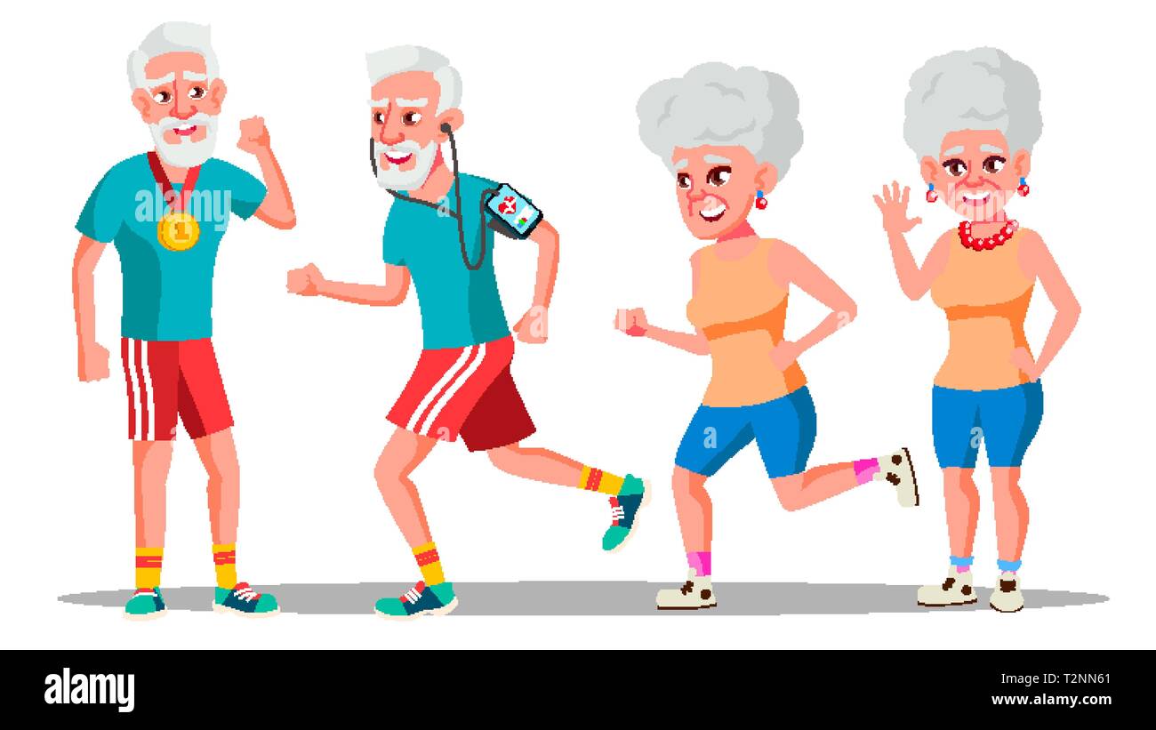 Jogger Old People Vector. Jogger Couple. Health Training. Illustration Stock Vector