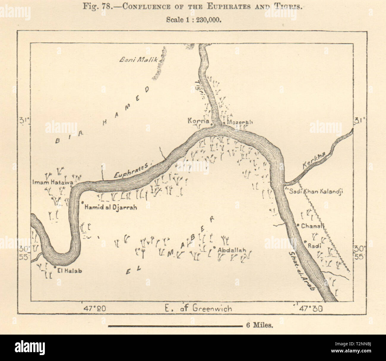 Confluence of the Euphrates and Tigris. Al Qurnah. Iraq. Sketch map 1885 Stock Photo