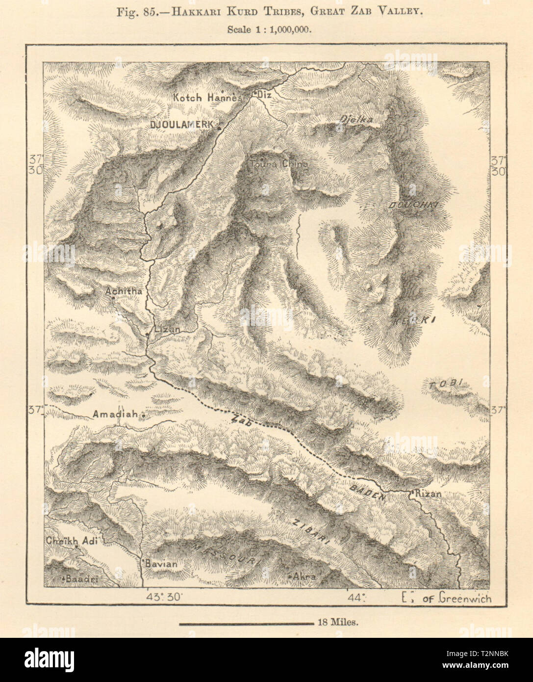 Djoulmark (Hakkari) Kurdistan Great Zab Valley Amedi Iraq Turkey Sketch map 1885 Stock Photo