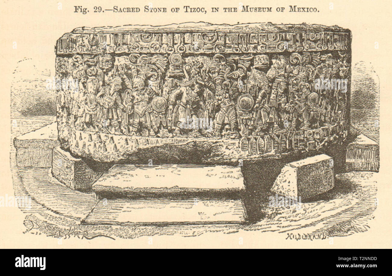Tizoc Stone, National Museum of Anthropology, Mexico City. Aztec 1885 print Stock Photo