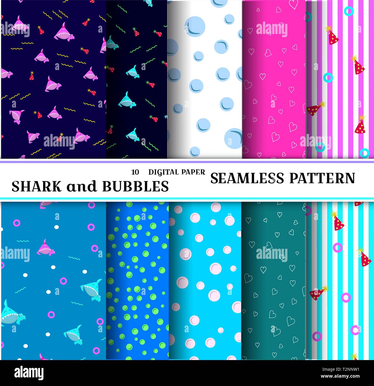 10 seamless marine patterns Vector illustration for abstract aqua design baby shower or birthday in style family shark. Set of wallpaper with cartoon  Stock Vector