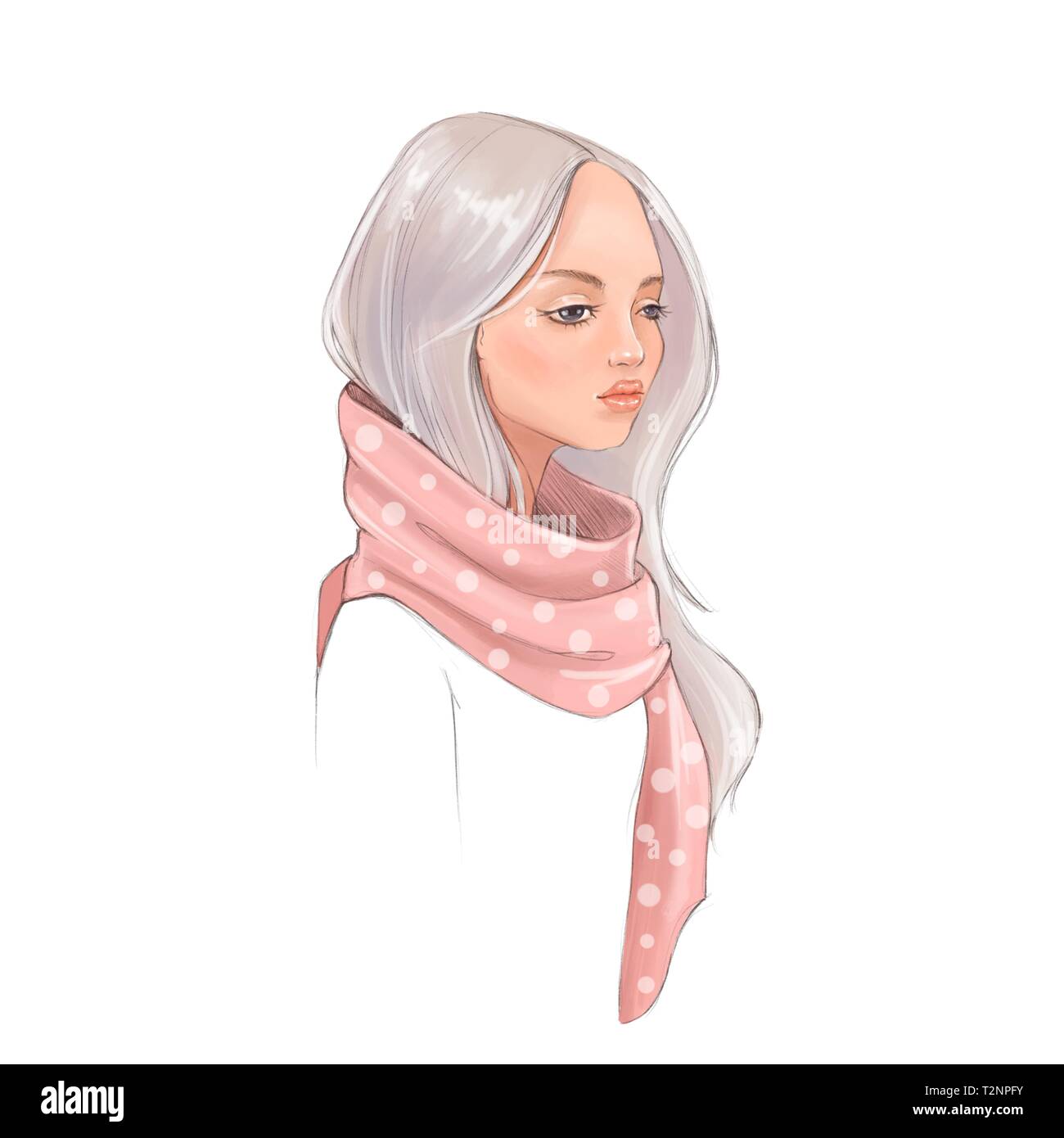 Beautiful girl in scarf. Digital illustration, isolated on white Stock Photo