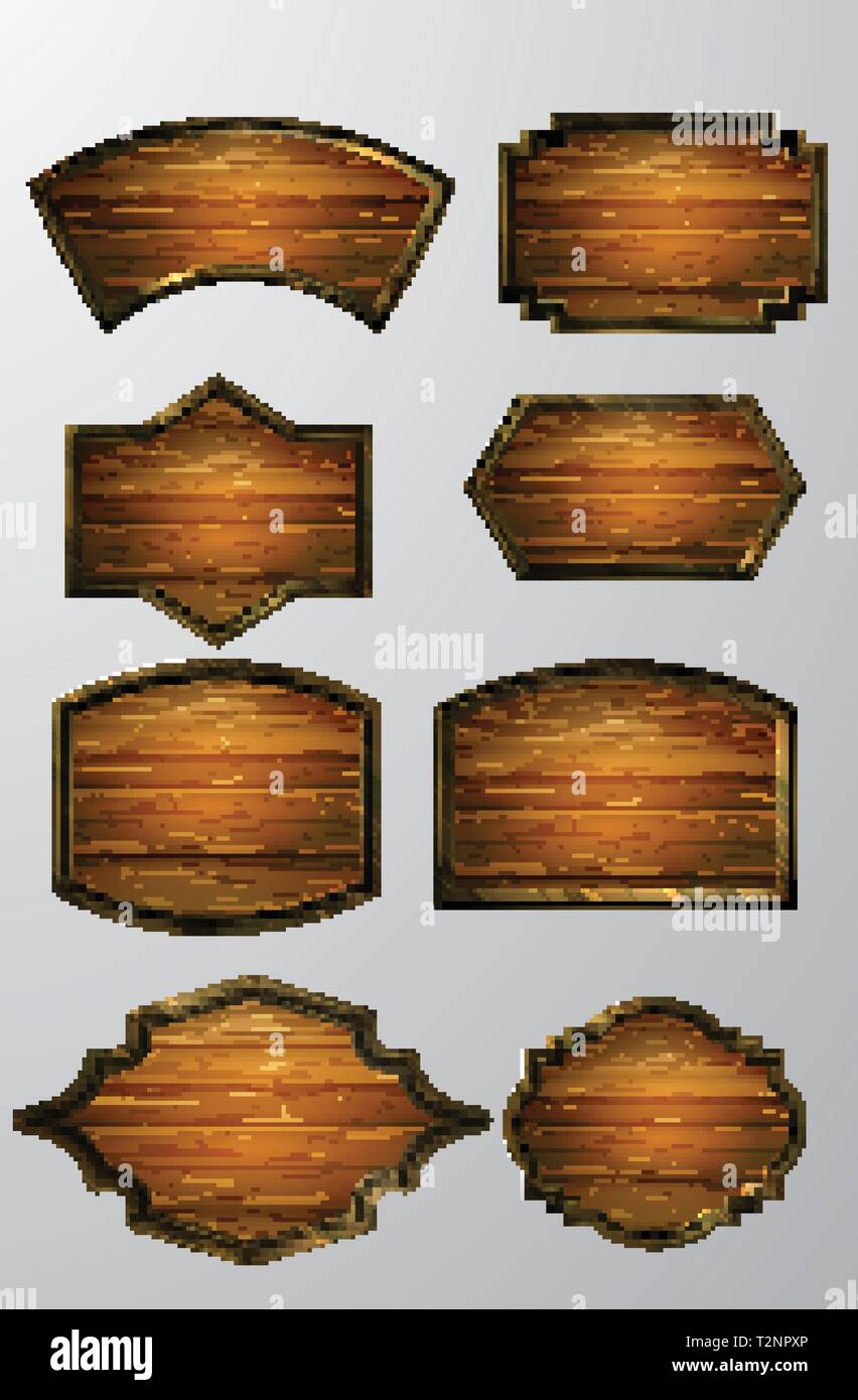 Vector realistic illustration of wooden signboard set isolated on white ...