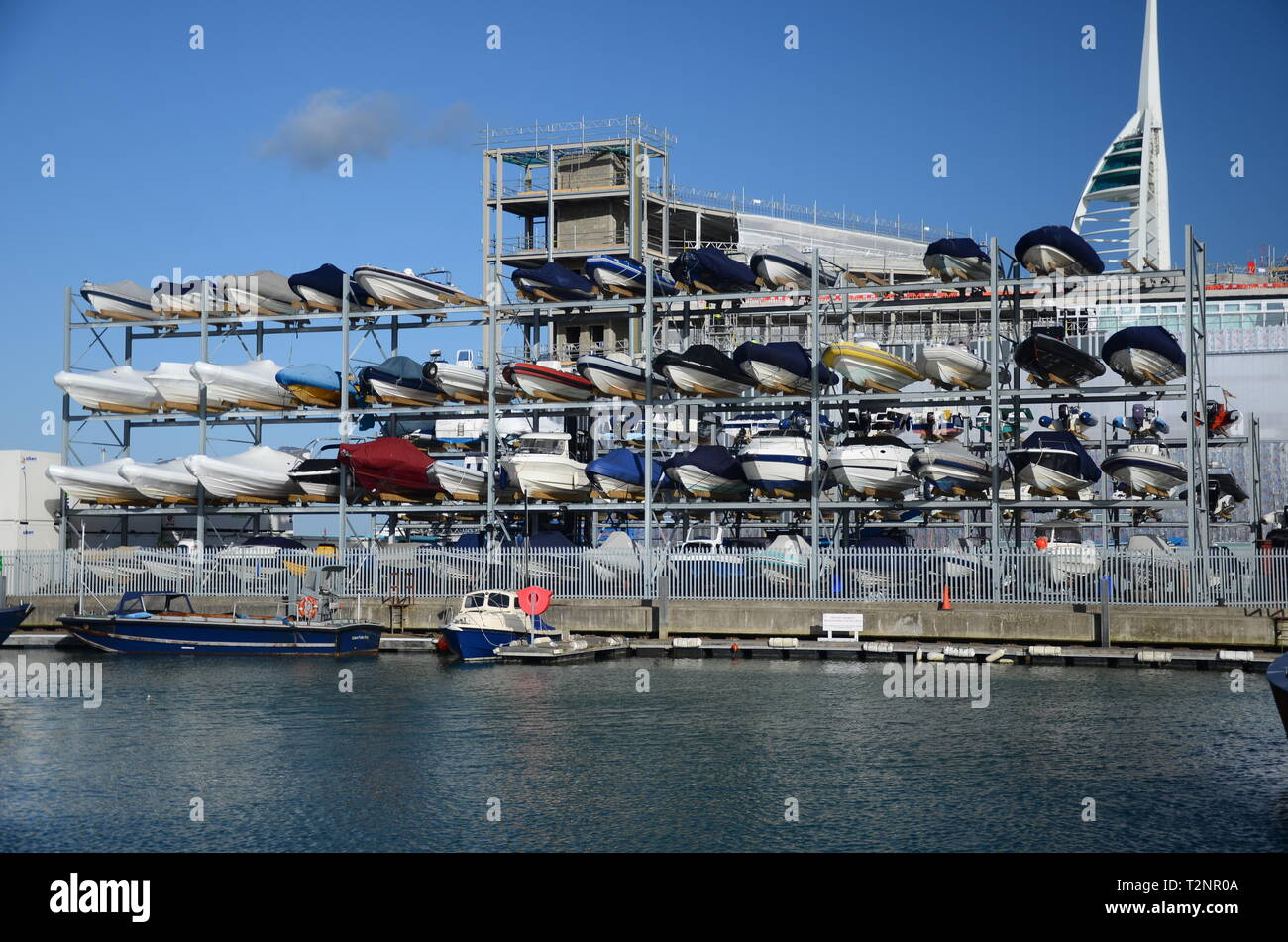 Motor cruiser storage, Portsmouth marina Stock Photo