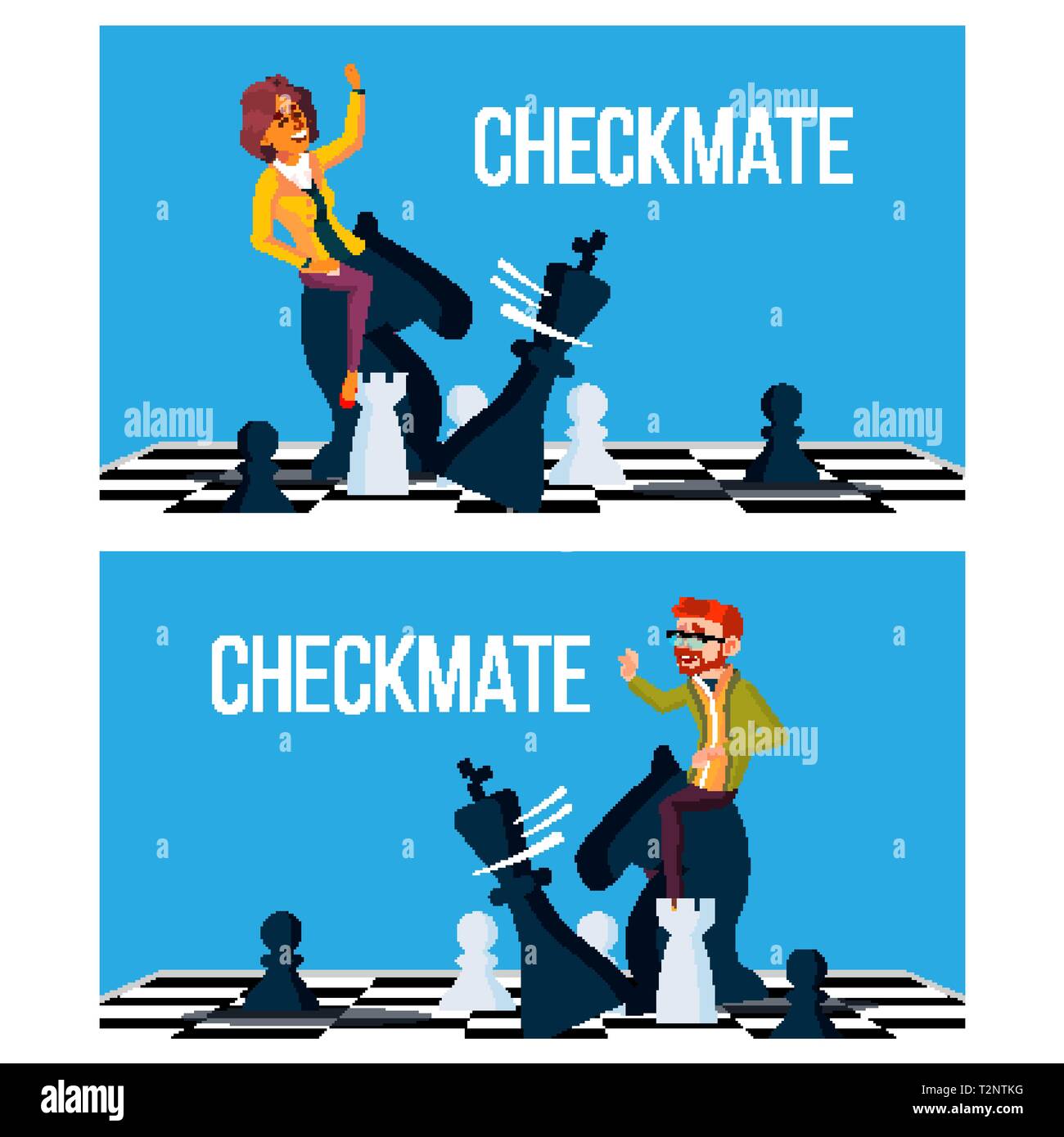 Checkmate Concept Vector. Business Man And Woman Make Checkmate On Board. Victory. Illustration