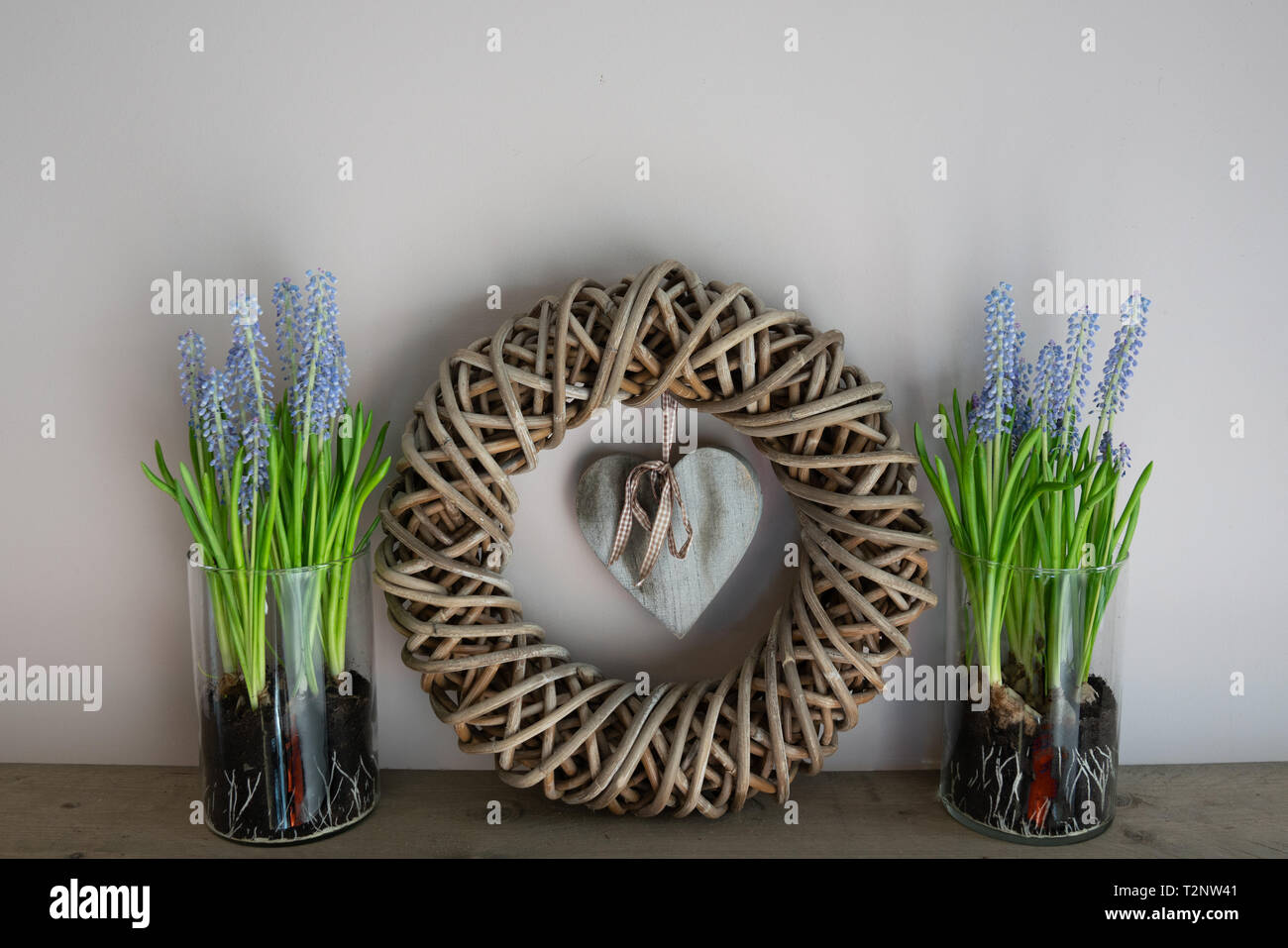 home decoration. Wreath with a wooden heart inside and 2 vases next to it with a grape hyacint inside Stock Photo