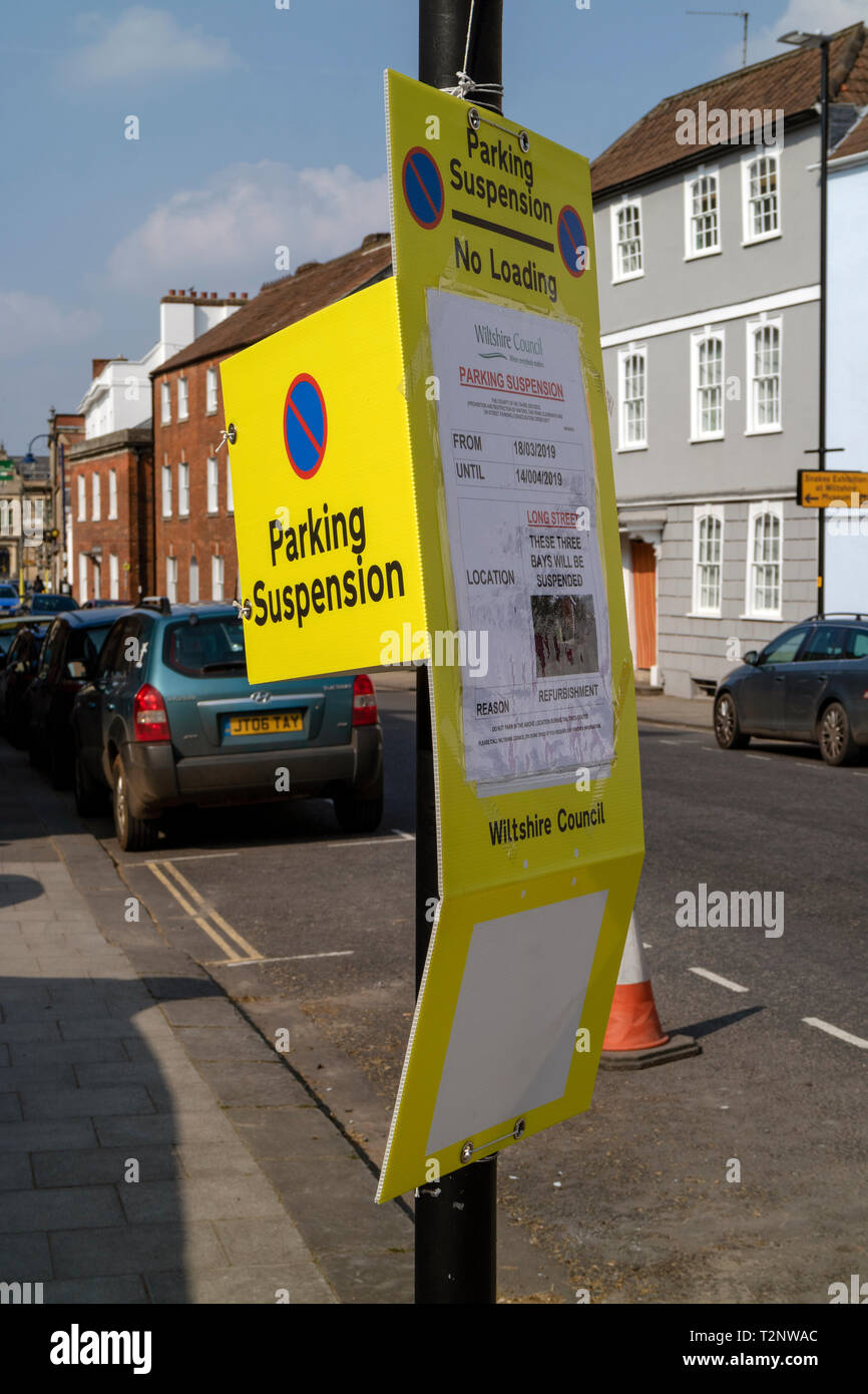 Devizes, Wiltshire, England, UK. March 2019. A Parking Suspension order attached to a pole in the town centre Stock Photo