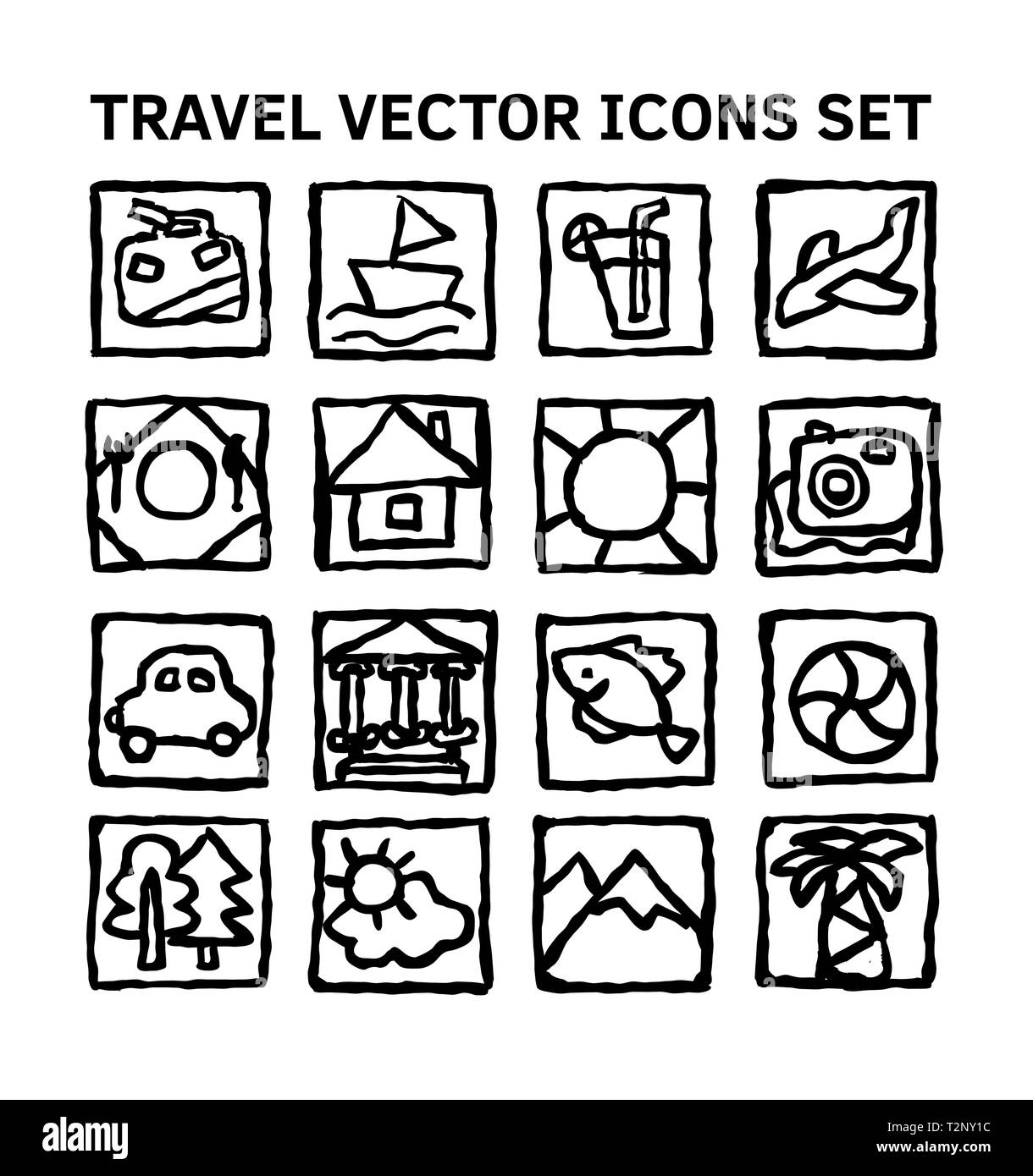 Travel journey tour trip voyage sea rest black and white icons set. Monochrome vector illustration EPS8 Stock Vector