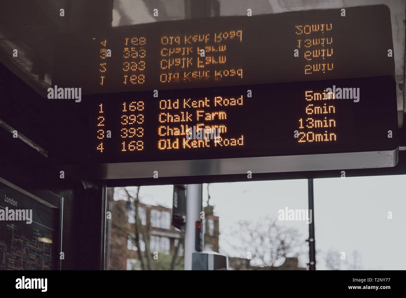 Close up of a buses schedule on digital screen on a bus stop
