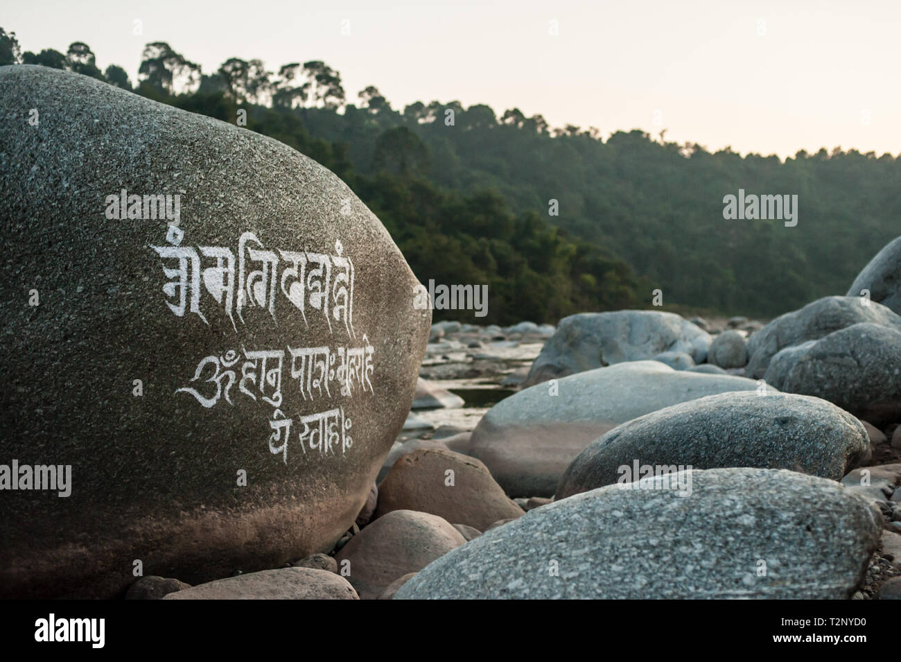 A Tibetan mantra is carved on a huge boulder in a riverbed, under Dharamshala, India: The home in exile of the Dali Lama and thousands of Tibetans. Stock Photo