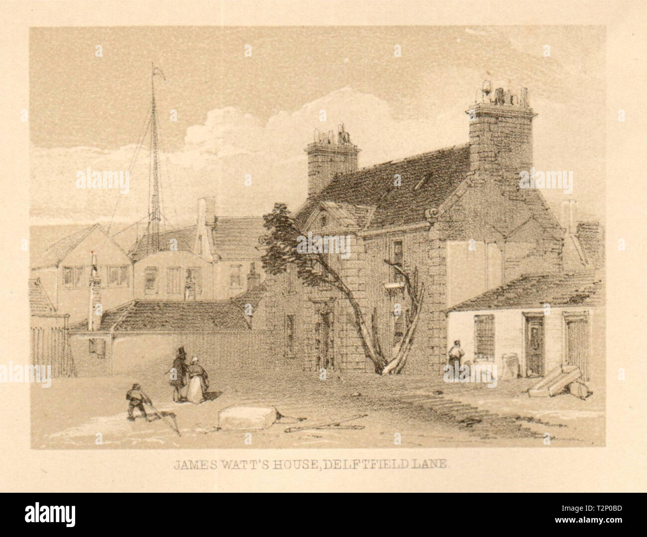 James Watt's house, Delftfield lane, Glasgow. SMALL 1848 old antique print Stock Photo