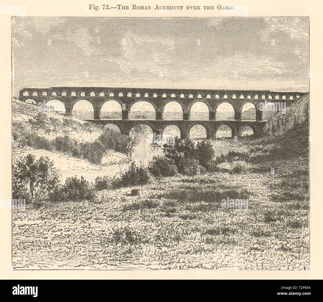 The Roman Aqueduct over the Gard. Pont du Gard 1885 old antique print picture Stock Photo