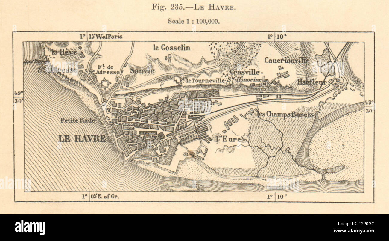 Le Havre plan. Seine-Maritime. Sketch map 1885 old antique chart Stock Photo