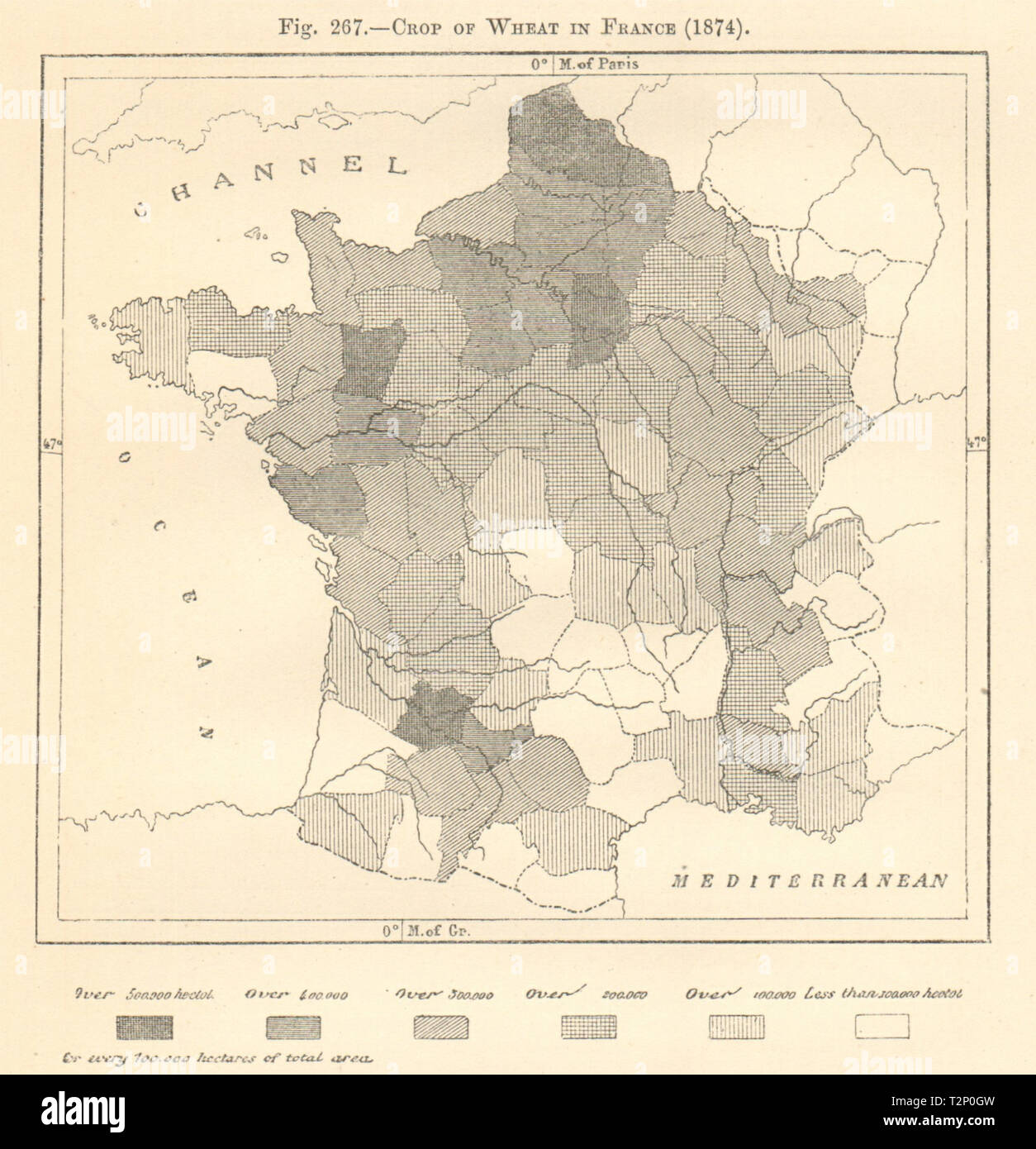 Crop of Wheat in France (1874). Sketch map 1885 old antique plan chart Stock Photo