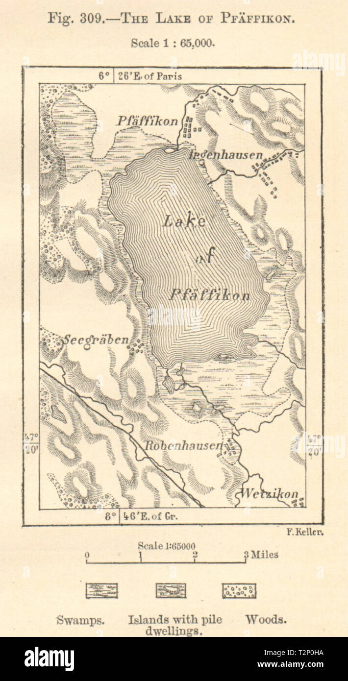 Lake of Pfaffikon. Pfaffikersee. Switzerland. Sketch map. SMALL 1885 old Stock Photo