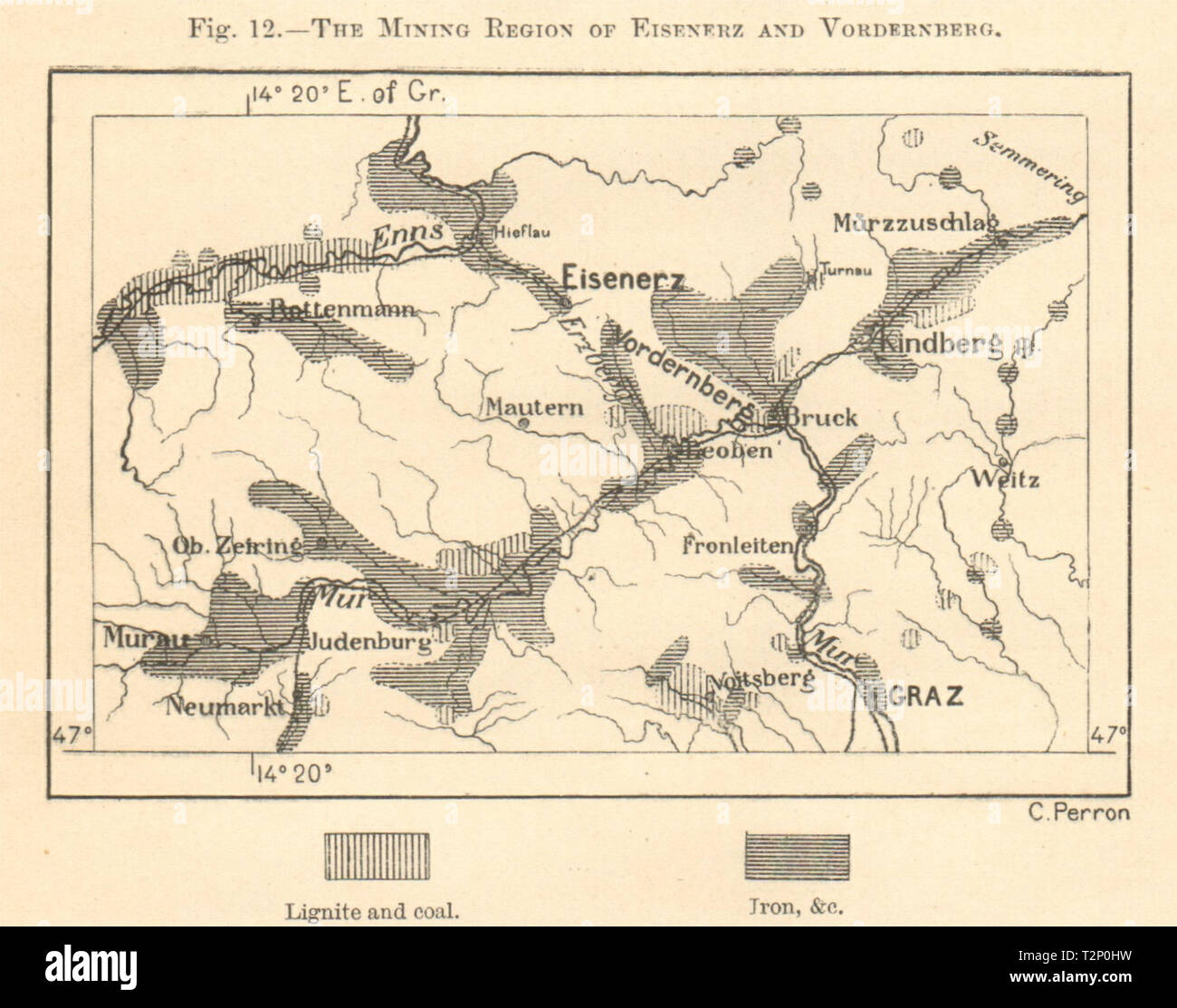 Eisenerz & Vordernberg lignite coal iron mining region. Austria. Sketch map 1885 Stock Photo