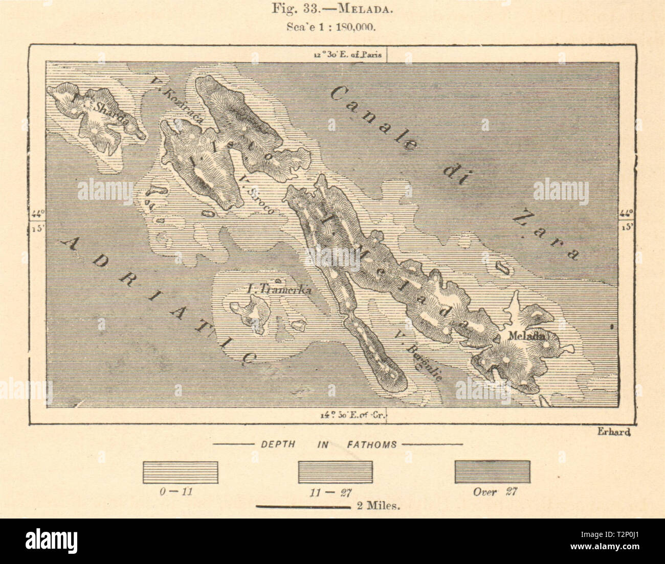 Molat & Ist islands. 'Melada'. Croatia. Sketch map 1885 old antique chart Stock Photo