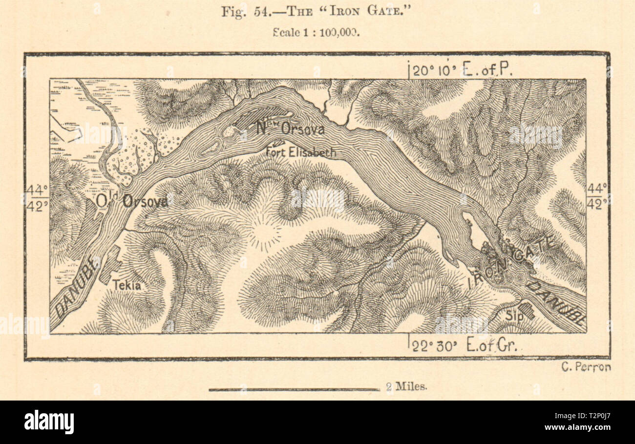 The Iron Gate. Orsova Danube. Romania Serbia. Sketch map 1885 old