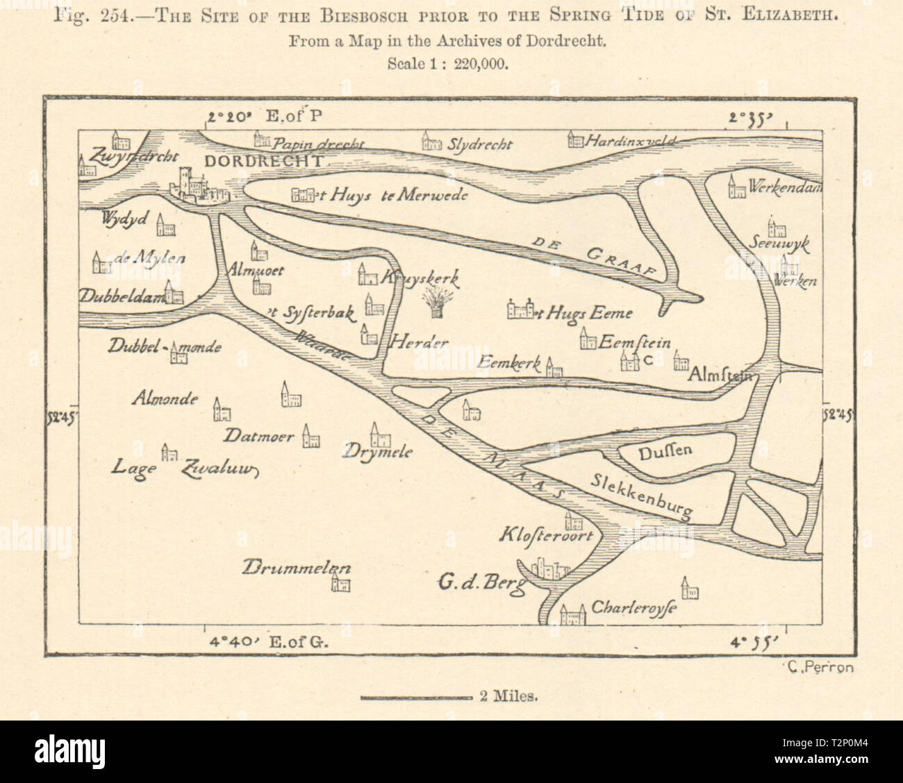 The Biesbosch before St Elizabeth's flood 1421. Dordrecht. Sketch map 1885 Stock Photo