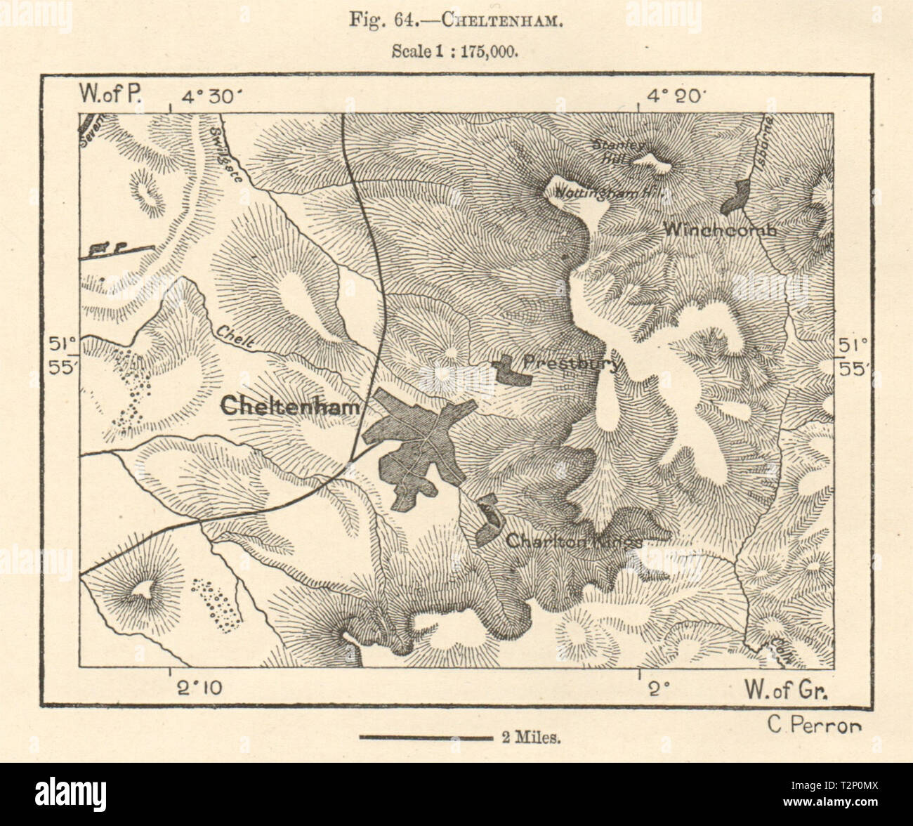 Cheltenham. Prestbury Cotswolds Gloucestershire. Sketch map