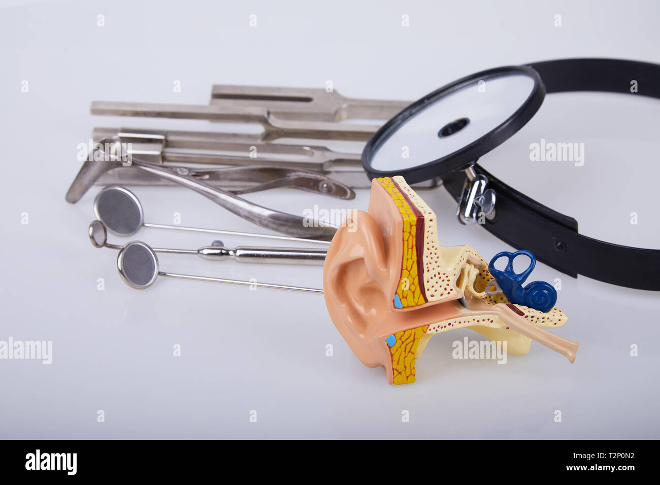 Medical instruments for ENT doctor on white. A set of Otolaryngologist