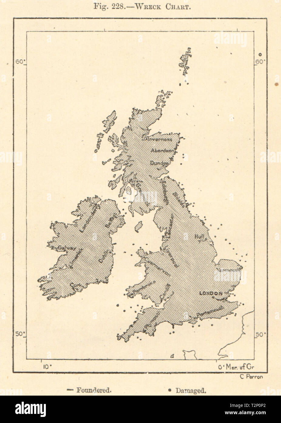 Shipwreck Chart of the British Isles. Damaged foundered. Sketch map ...
