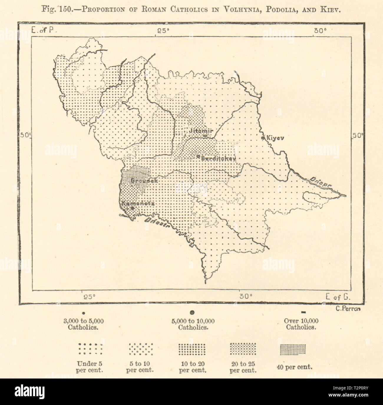 Roman Catholics proportion in Volhynia, Podolia & Kiev. Ukraine. Sketch map 1885 Stock Photo