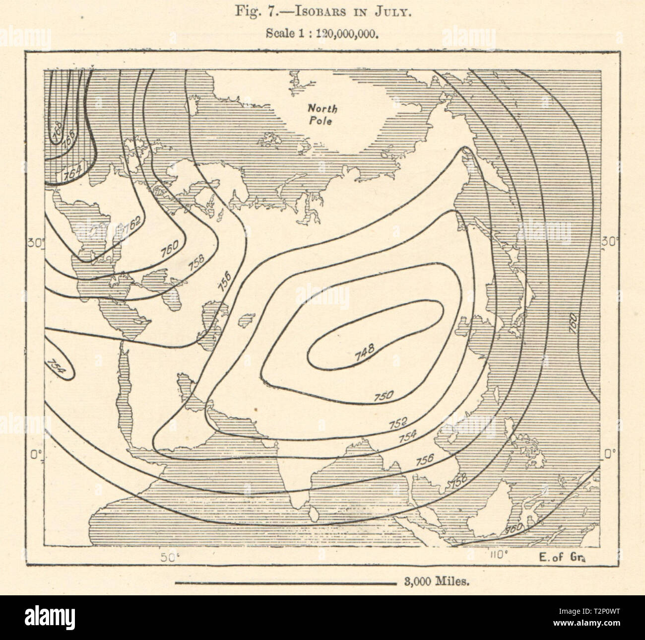 Isobars in July. Asia. Sketch map 1885 old antique vintage plan chart Stock Photo