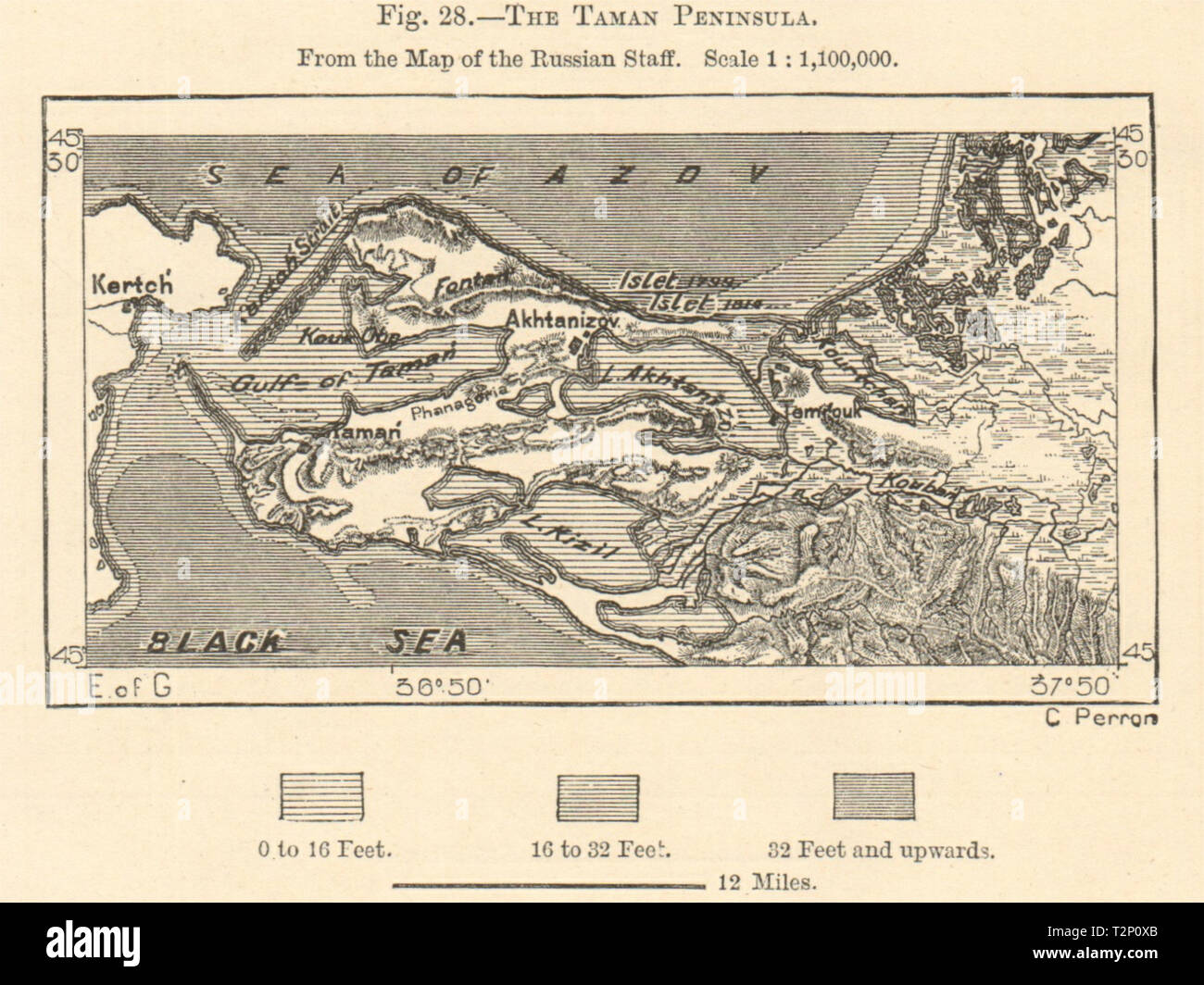 The Taman Peninsula. Sea of Azov. Black Sea. Russia. Sketch map 1885 old Stock Photo