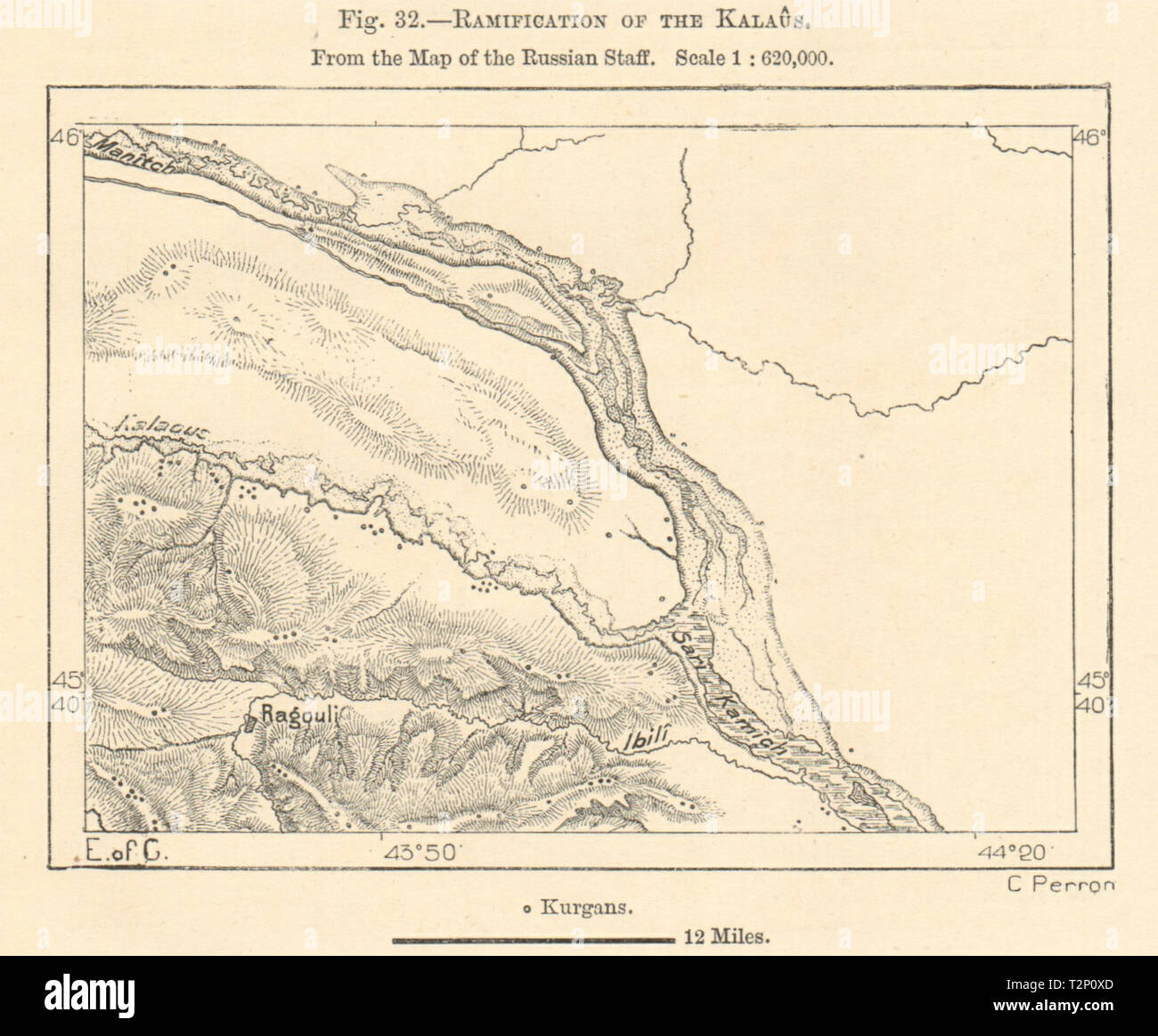 Kalaus & Manych River confluence. Stavropol Krai. Russia. Sketch map 1885 Stock Photo