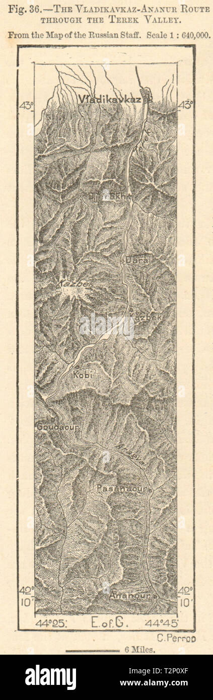 Terek Valley. Vladikavkaz-Ananuri Route. Russia Georgia. Sketch map 1885 Stock Photo