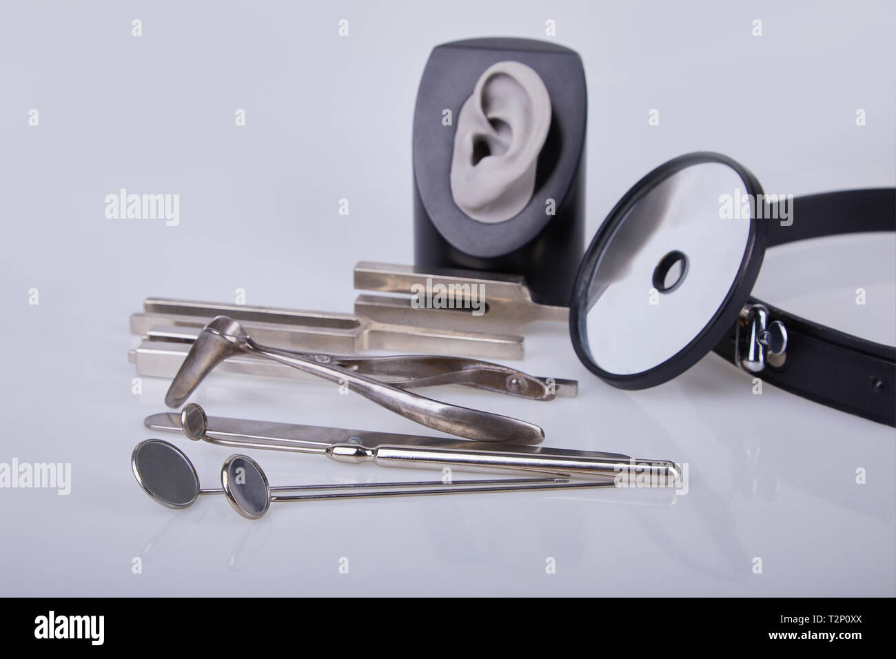 Medical instruments for ENT doctor on white. A set of Otolaryngologist ...