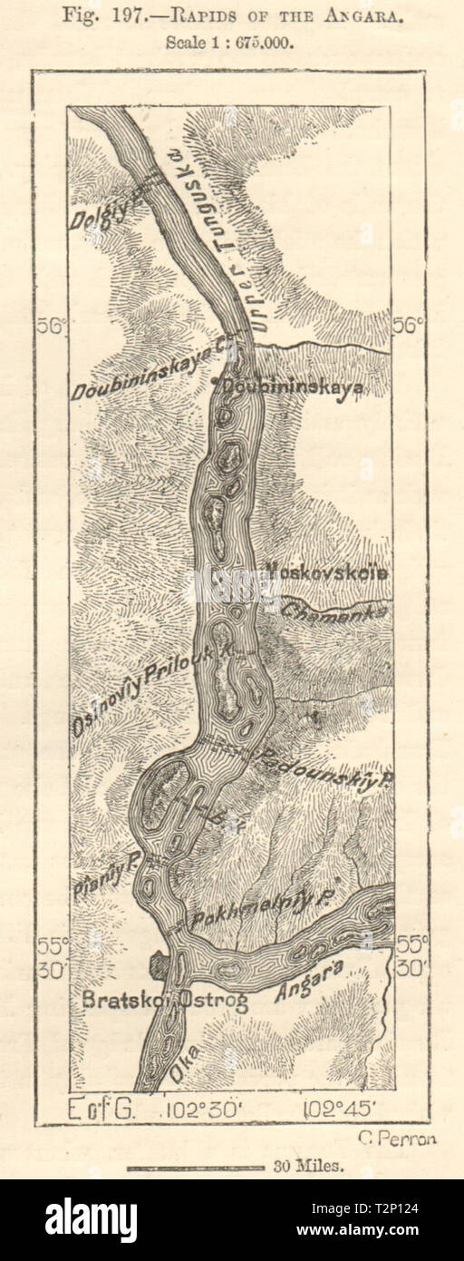 Rapids of the Angara river. Oka Dubynino Bratsk Siberia Russia. Sketch map 1885 Stock Photo